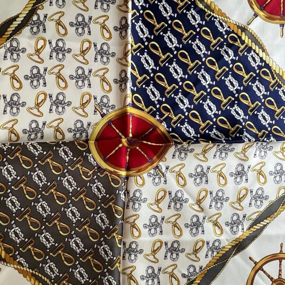 LANCEL Nautical Square Silk Scarf Pink Rope Anchor Clock 34.3in - Picture 4 of 5